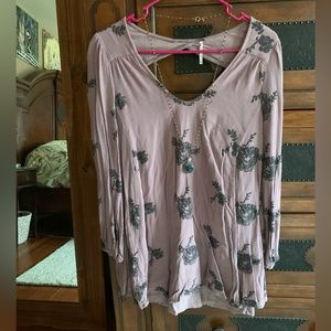 Free People XS embroidered tunic mini dress lavender purple pockets peasant boho